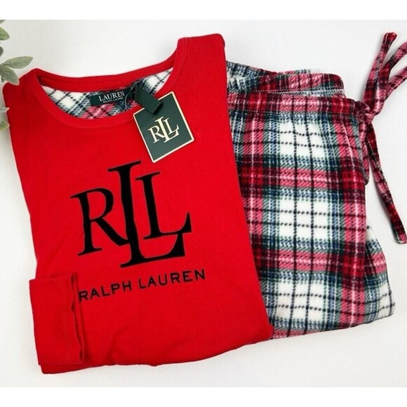 Ralph Lauren Pajama Set Womens Large 2-Piece Cotton-Blend Plaid Fleece Red Cozy - Picture 1 of 5